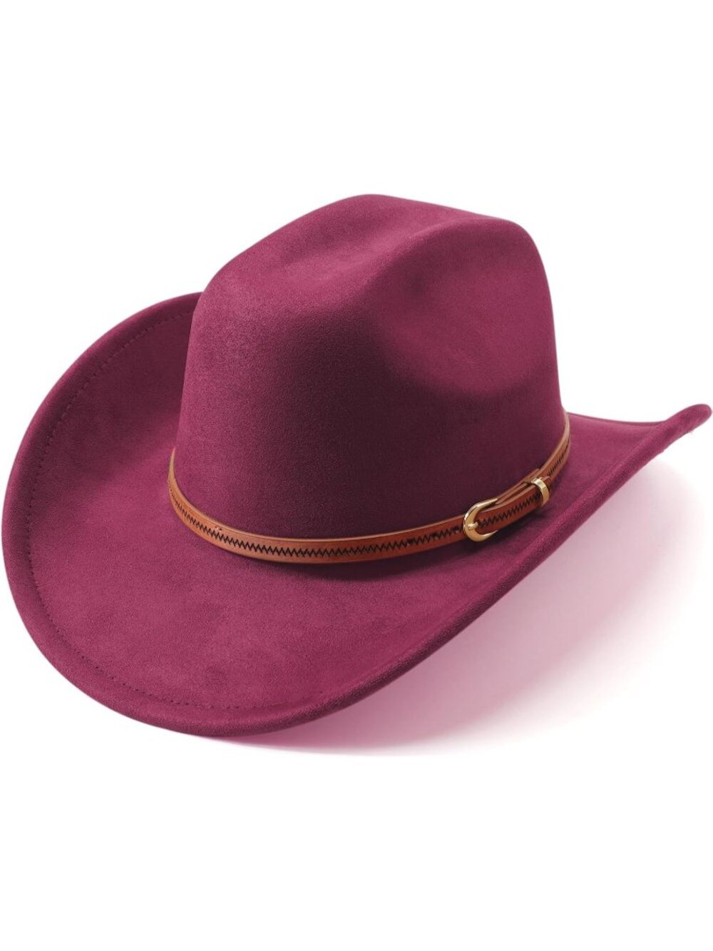 Unisex Burgundy Felt Wide Brim Fedora Belt Buckle Retro Western Cowboy Hat